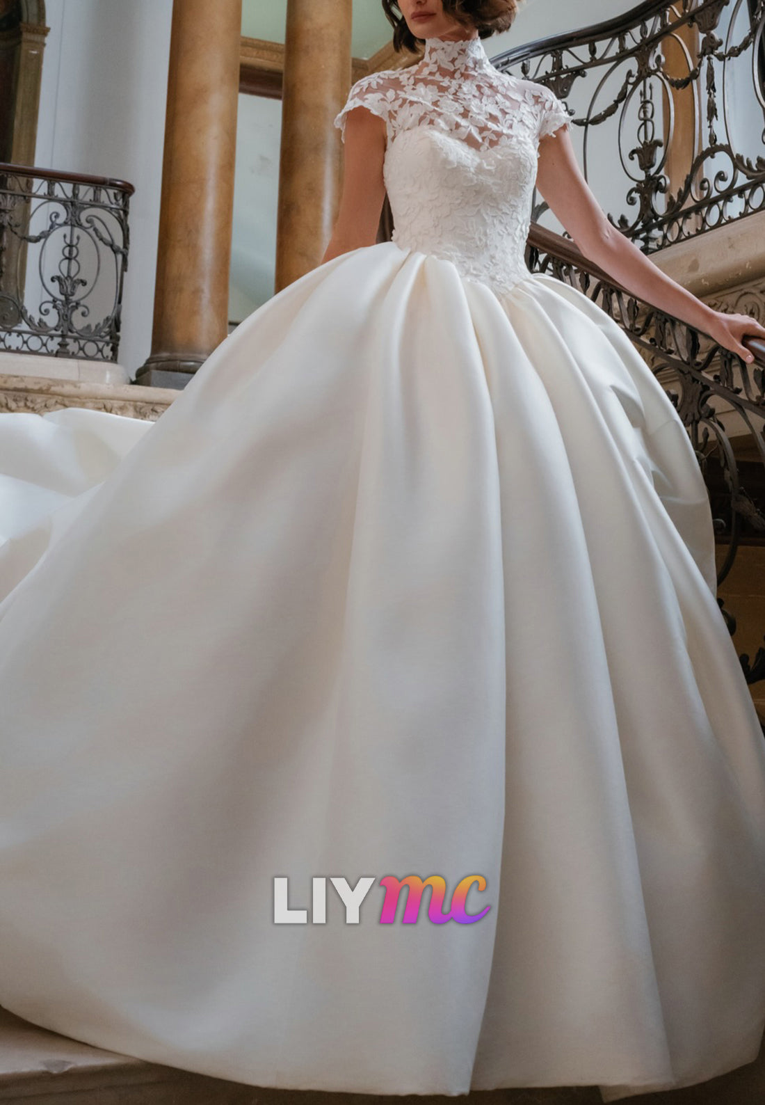 High Neck Lace Illusion Satin Ball Gown Wedding Dress