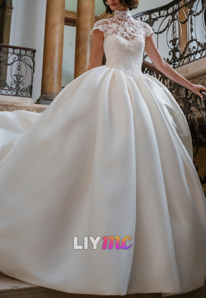High Neck Lace Illusion Satin Ball Gown Wedding Dress