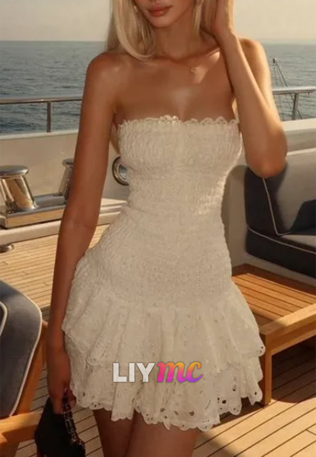 Strapless Tiered Eyelet Lace Mini Dress