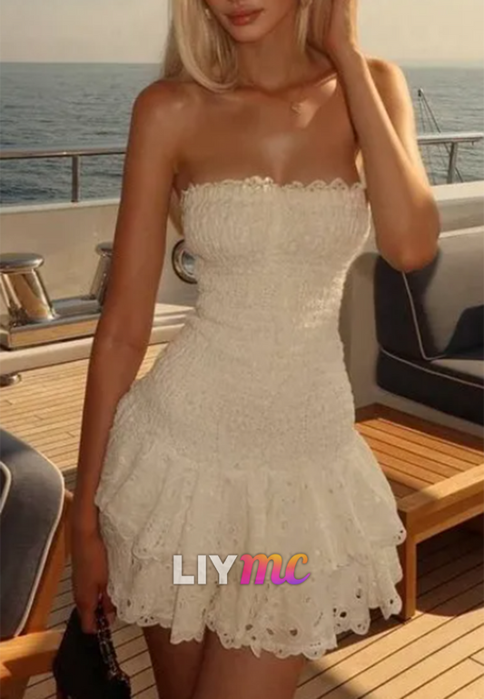Strapless Tiered Eyelet Lace Mini Dress
