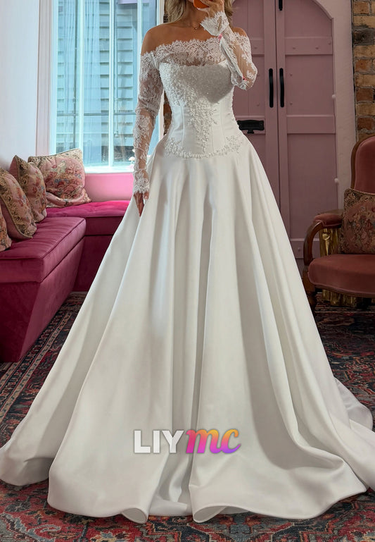 Off-Shoulder Lace Long Sleeve A-Line Wedding Gown