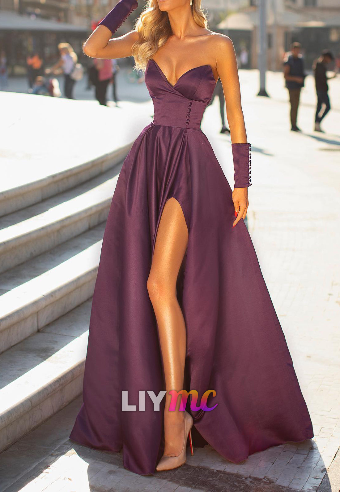 Strapless Satin Ball Gown with High Slit