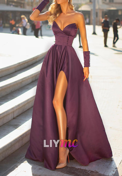 Strapless Satin Ball Gown with High Slit