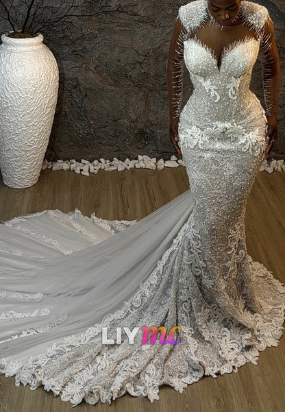 Beaded Illusion Mermaid Wedding Dress with Cathedral Train