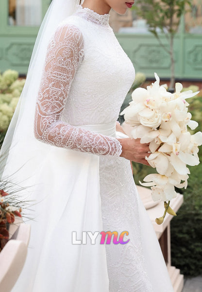 High Neck Lace Wedding Dress with Detachable Overskirt