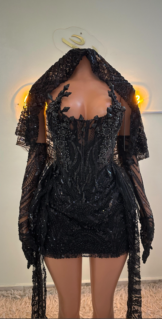 Embellished Corset Mini Dress with Hooded Cape