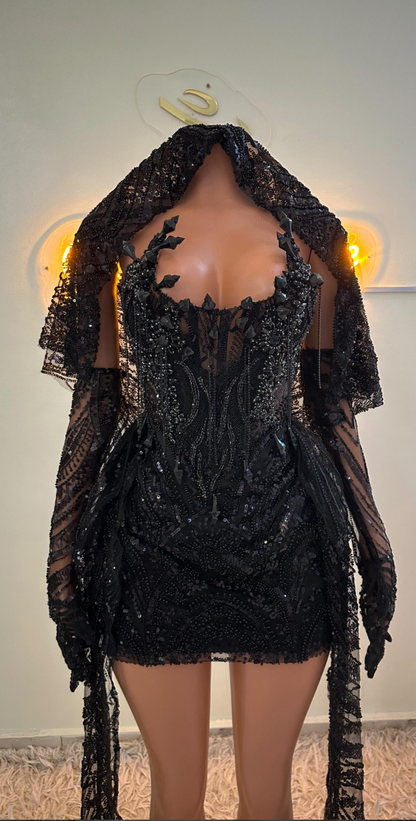 Embellished Corset Mini Dress with Hooded Cape
