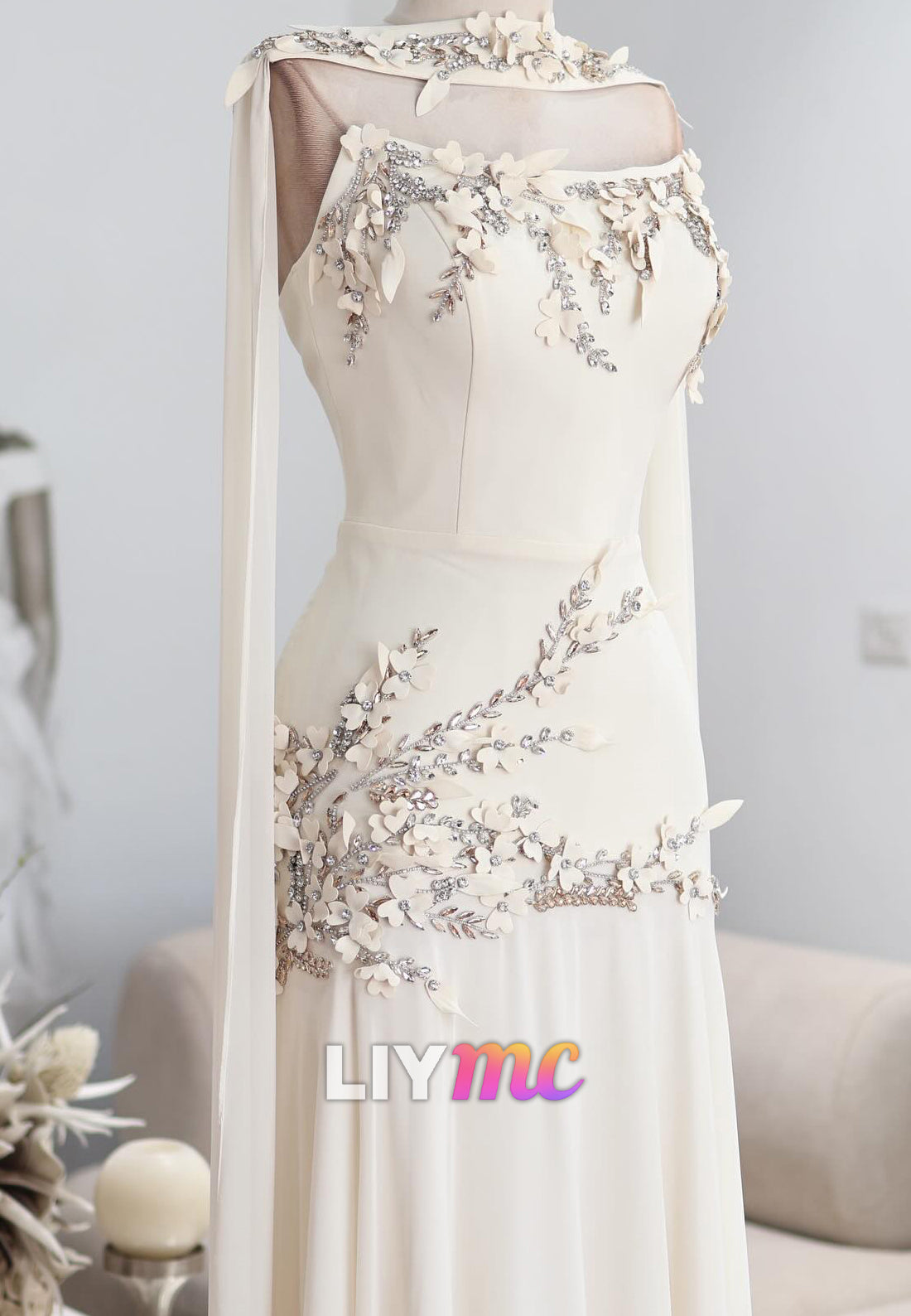 Floral Beaded Illusion Cape Sleeve Evening Gown