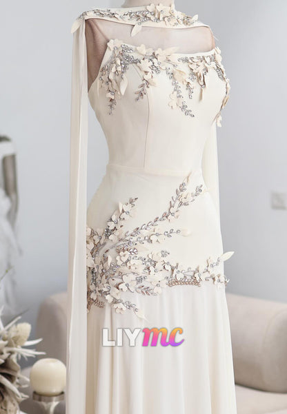 Floral Beaded Illusion Cape Sleeve Evening Gown