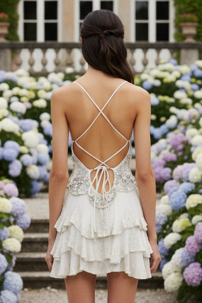 Beaded Embroidered Tiered Ruffle Mini Dress