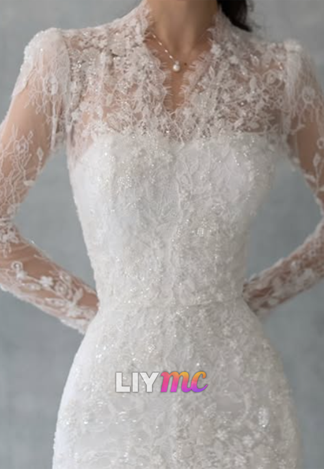 Lace High Neck Mermaid Wedding Dress with Train