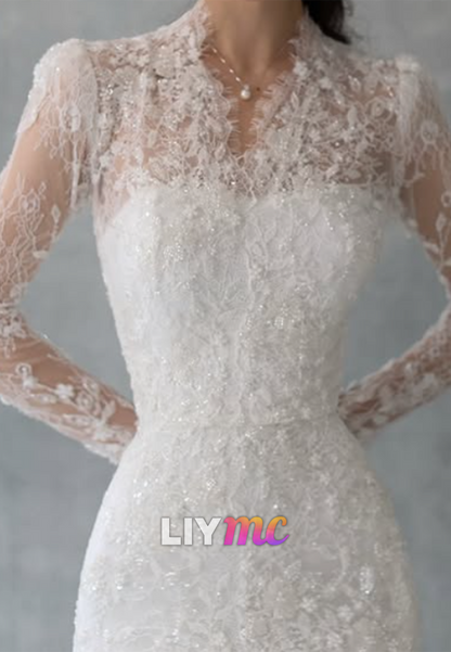 Lace High Neck Mermaid Wedding Dress with Train