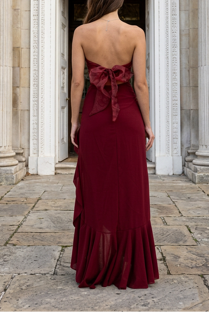 Strapless Ruffle High-Slit Gown with Tie Back