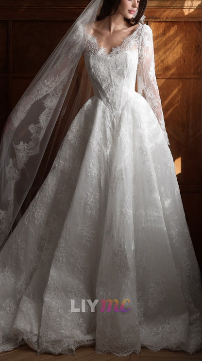 Lace Long-Sleeve Ball Gown Wedding Dress