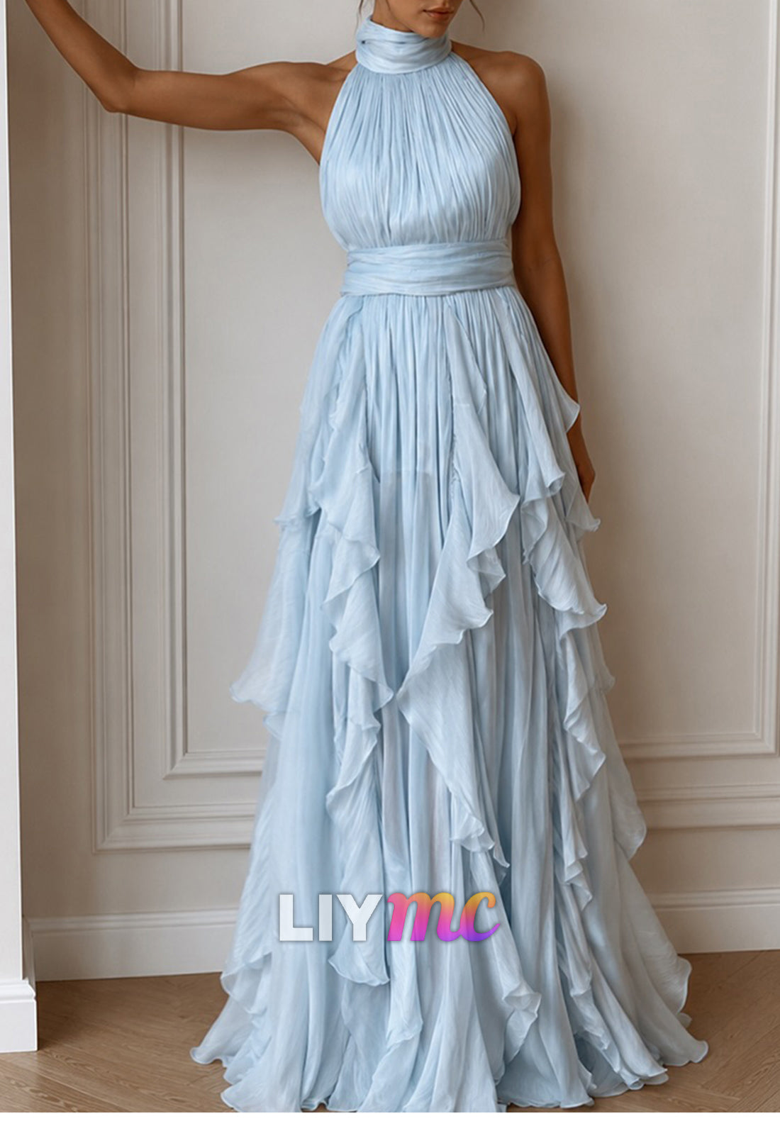 Halter Neck Ruffle Tiered Pleated Maxi Gown
