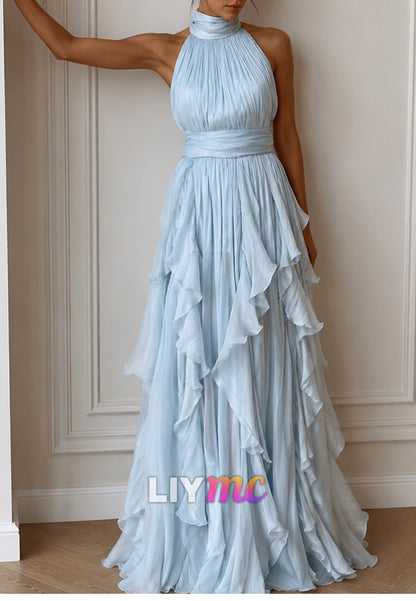 Halter Neck Ruffle Tiered Pleated Maxi Gown