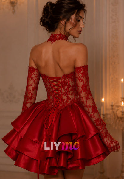 Lace Corset Tiered Satin Mini Dress