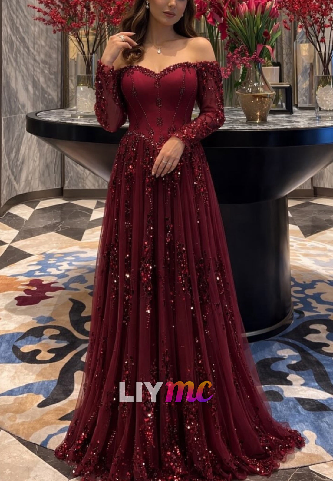Off Shoulder Beaded Tulle A-Line Evening Gown