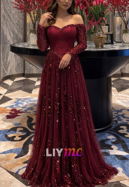 Off Shoulder Beaded Tulle A-Line Evening Gown