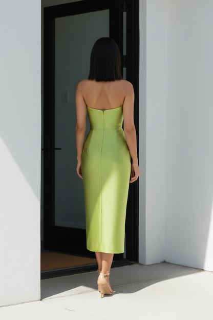 Strapless Satin Midi Dress with Bow Bodice