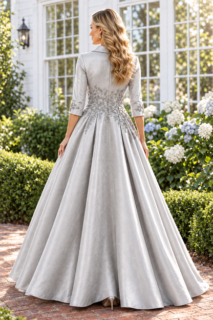 Embroidered Collared A-Line Gown with Slit