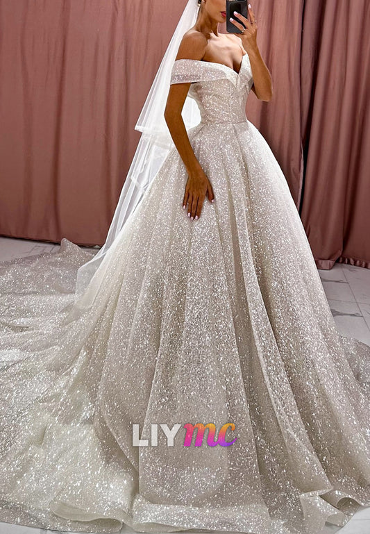 Off-the-Shoulder Glitter Ball Gown Wedding Dress