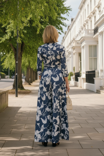 Floral Print A-Line Maxi Shirt Dress with Sash