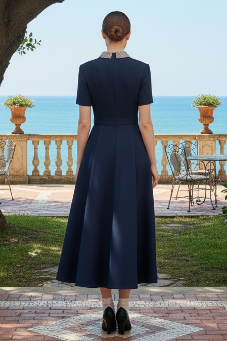 Short Sleeve A-Line Midi Dress with Embellished Collar