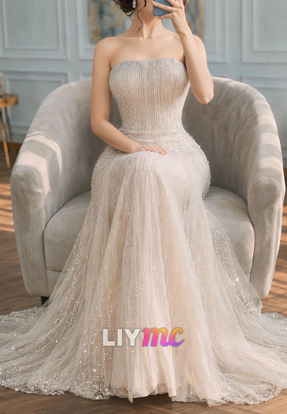 Strapless Beaded Mermaid Gown with Tulle Train