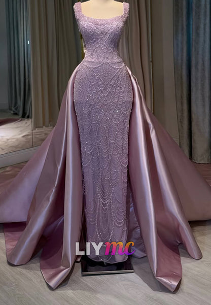 Beaded Column Gown with Satin Overskirt