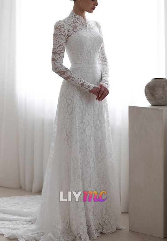 Vintage High Neck Long Sleeve Lace Wedding Dress