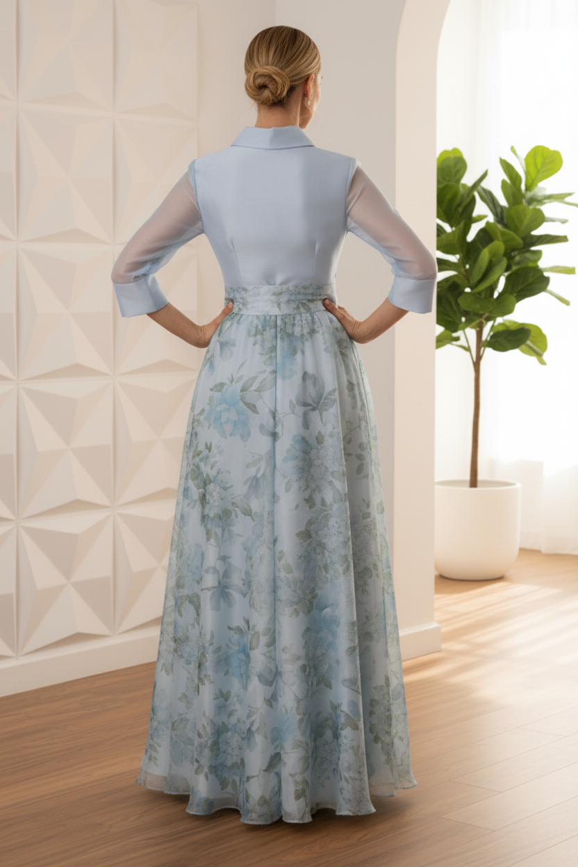 Elegant Collared Floral A-Line Evening Gown