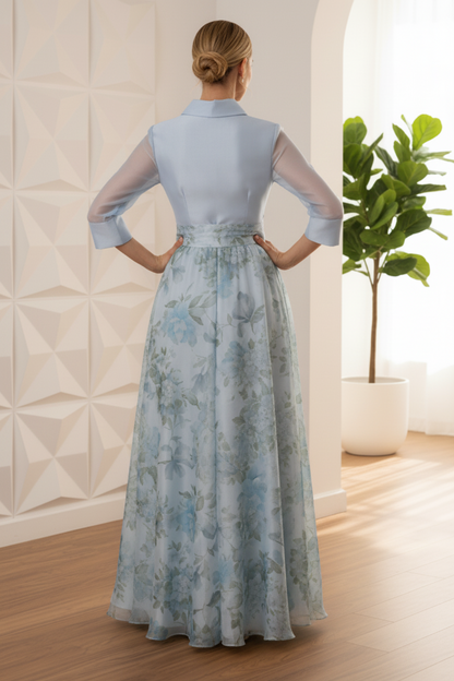 Elegant Collared Floral A-Line Evening Gown