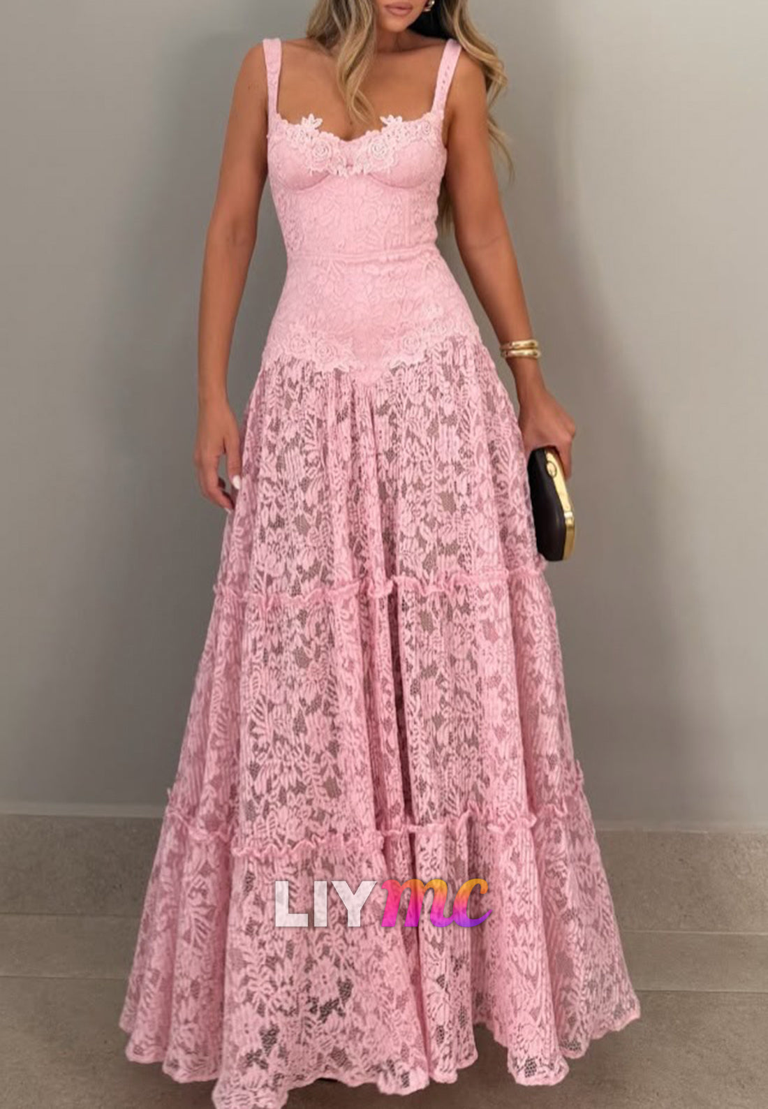 Tiered Lace Maxi Dress with Corset Bodice