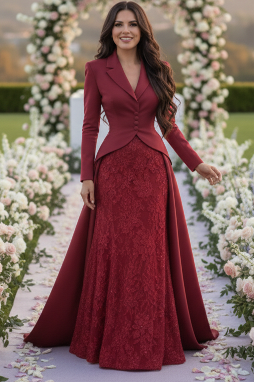 Tailored Lapel Evening Gown with Lace Skirt