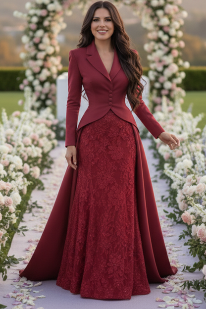 Tailored Lapel Evening Gown with Lace Skirt