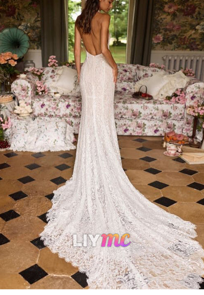 Lace Mermaid Wedding Dress with Halter Neck & Low Back