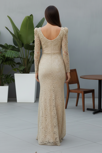 Long Sleeve Lace Gown with Leaf Appliques