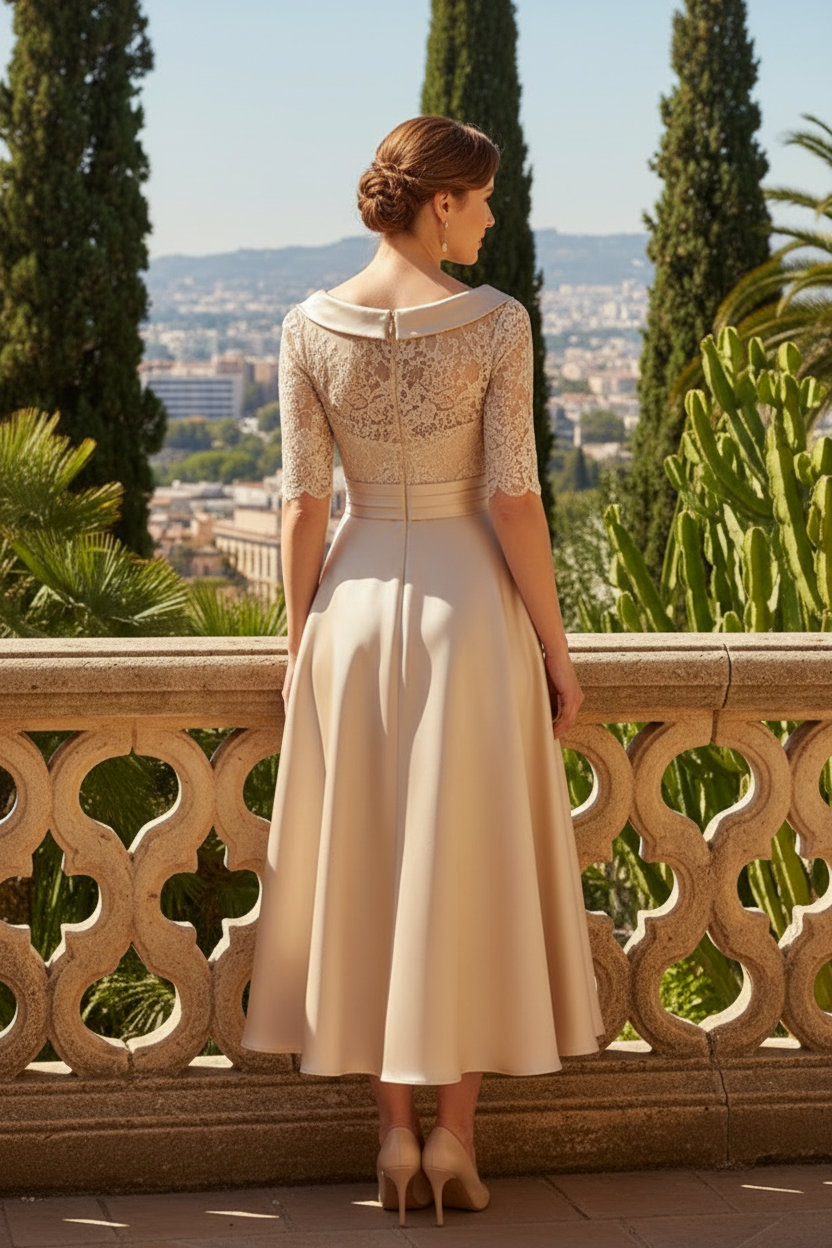 Lace Bodice Fold-Over Collar Tea-Length A-Line Dress