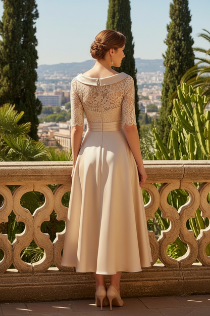 Lace Bodice Fold-Over Collar Tea-Length A-Line Dress