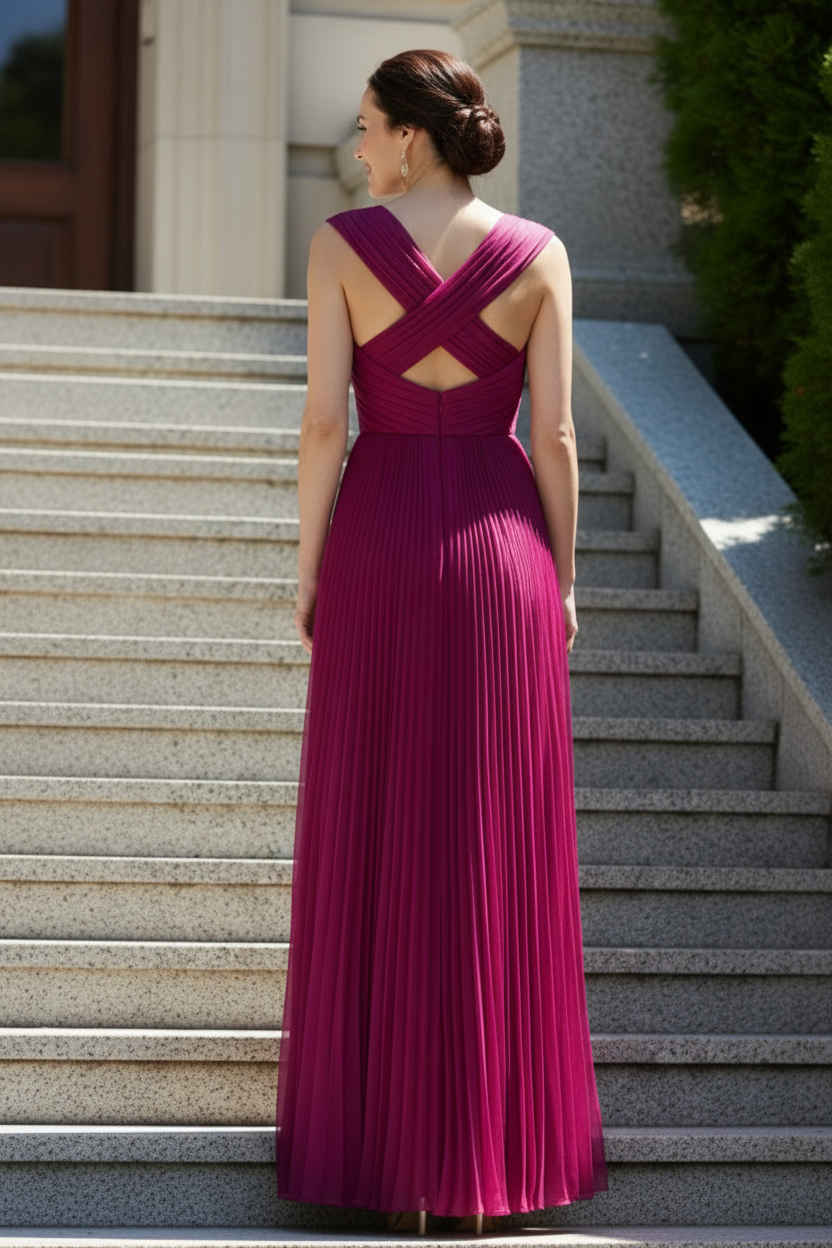 Pleated V-Neck A-Line Evening Gown