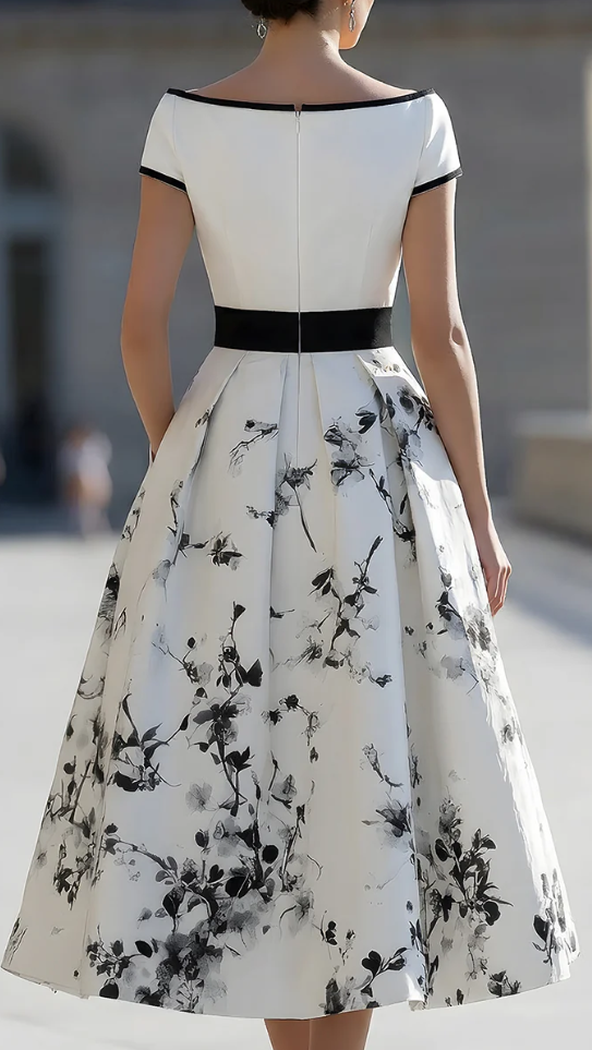 Vintage Floral A-Line Midi Dress with Pockets