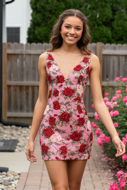 Floral Beaded Backless Mini Dress