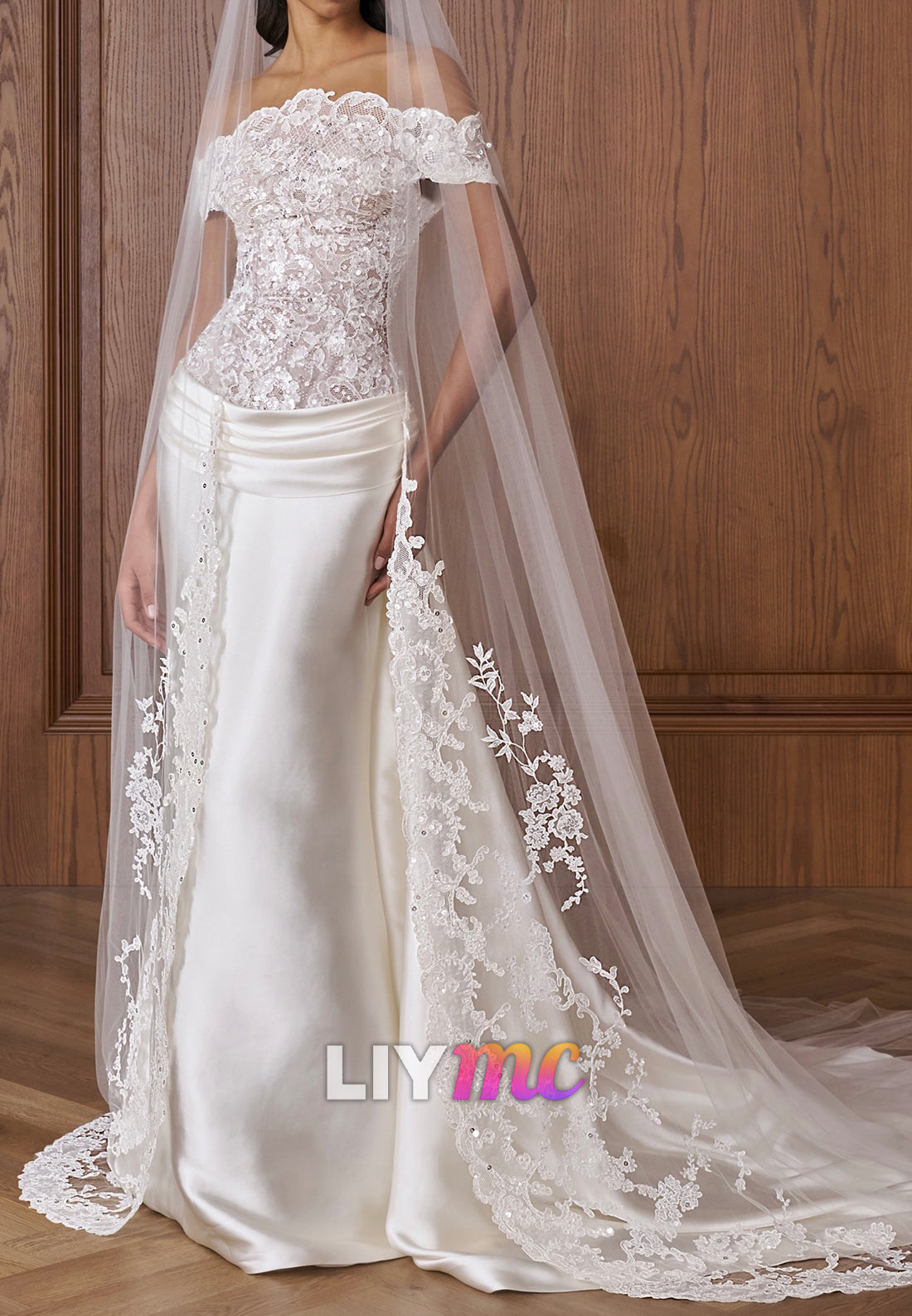 Off-Shoulder Sequin Lace Wedding Gown with Satin Skirt