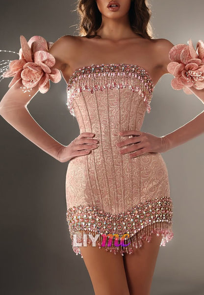 Strapless Corset Mini Dress with Beaded Fringe