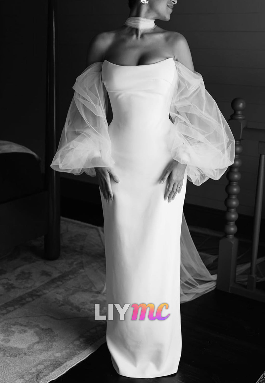 Strapless Column Wedding Dress with Puff Sleeves