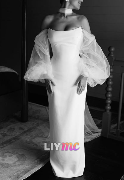 Strapless Column Wedding Dress with Puff Sleeves