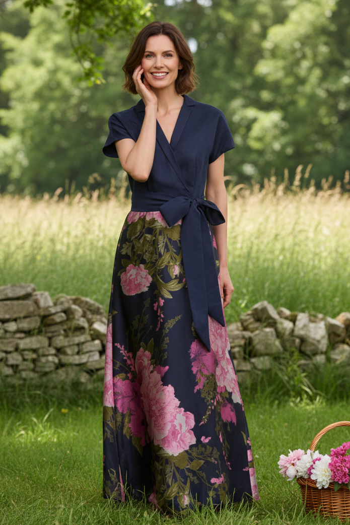 Elegant Wrap Bodice Floral Organza Evening Gown