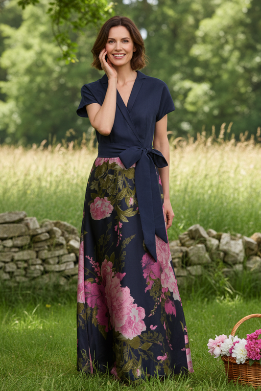 Elegant Wrap Bodice Floral Organza Evening Gown