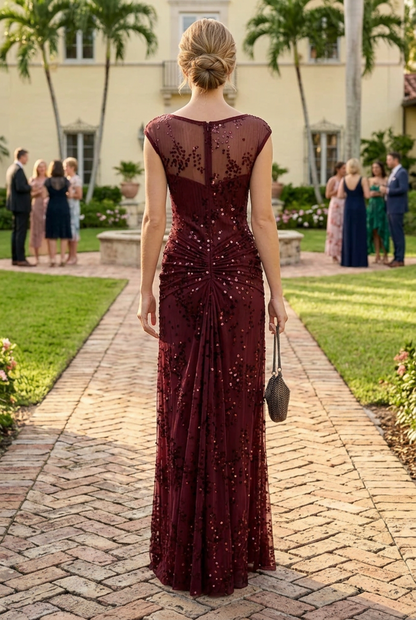 Sequined Illusion Neck Maxi Dress with Gathered Waist